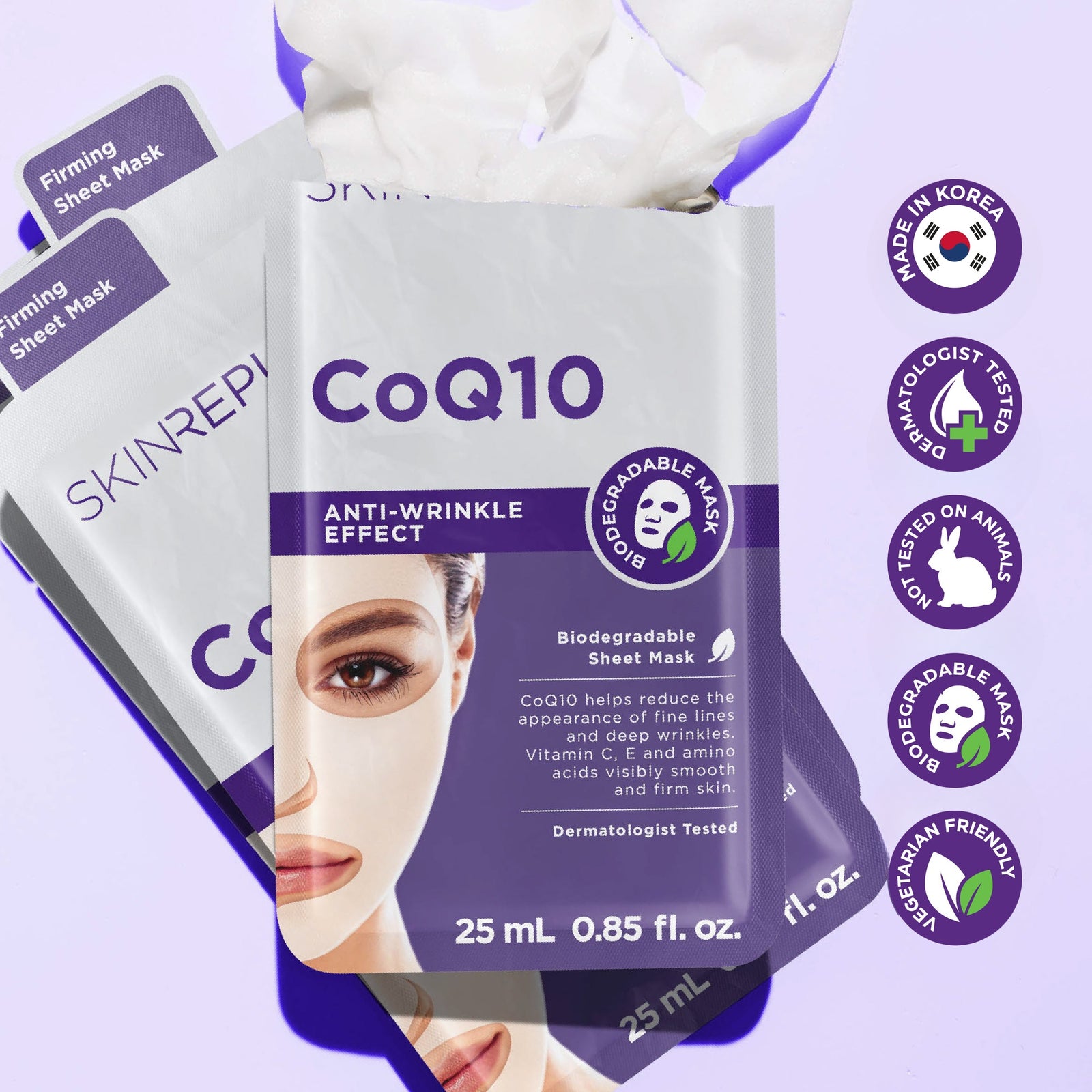 Skin Republic CoQ10 Anti-Wrinkle Effect Face Mask Sheets with unfolded mask, made in Korea, dermatologist tested