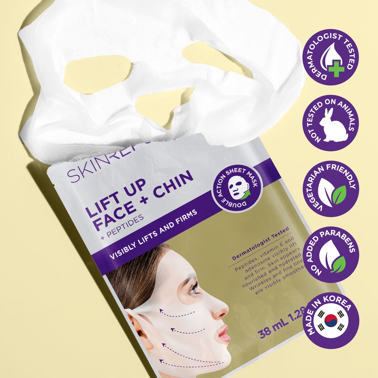 Skin Republic Lift Up Face + Chin Mask + Peptides pack with sheet mask, visibly lifts and firms