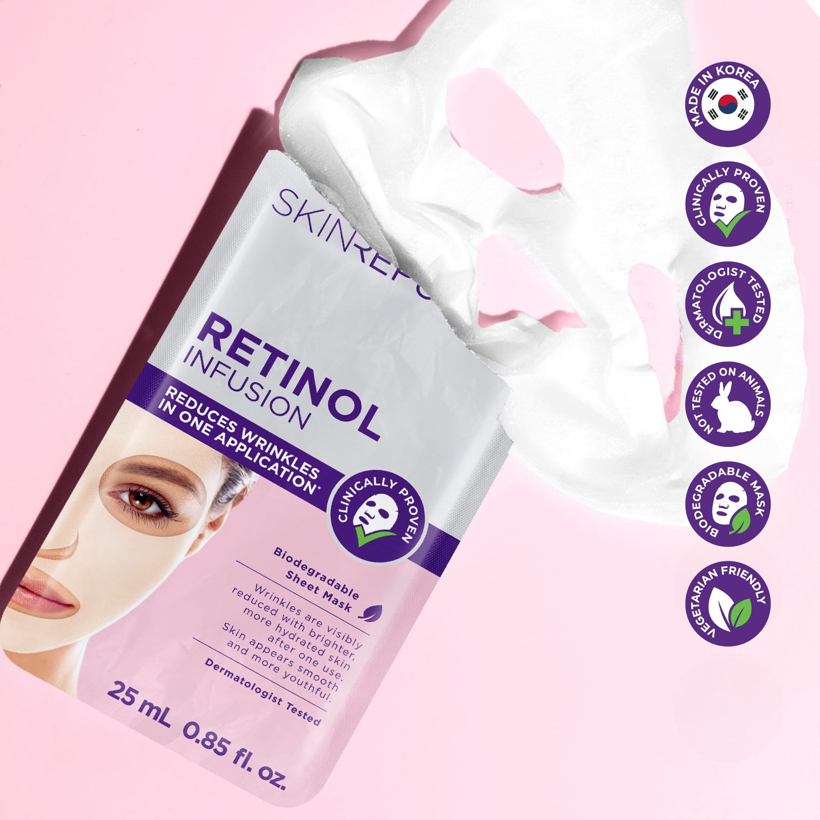 Skin Republic Retinol Infusion Face Mask Sheet with unfolded mask — reduces wrinkles in one application, made in Korea, dermatologist tested