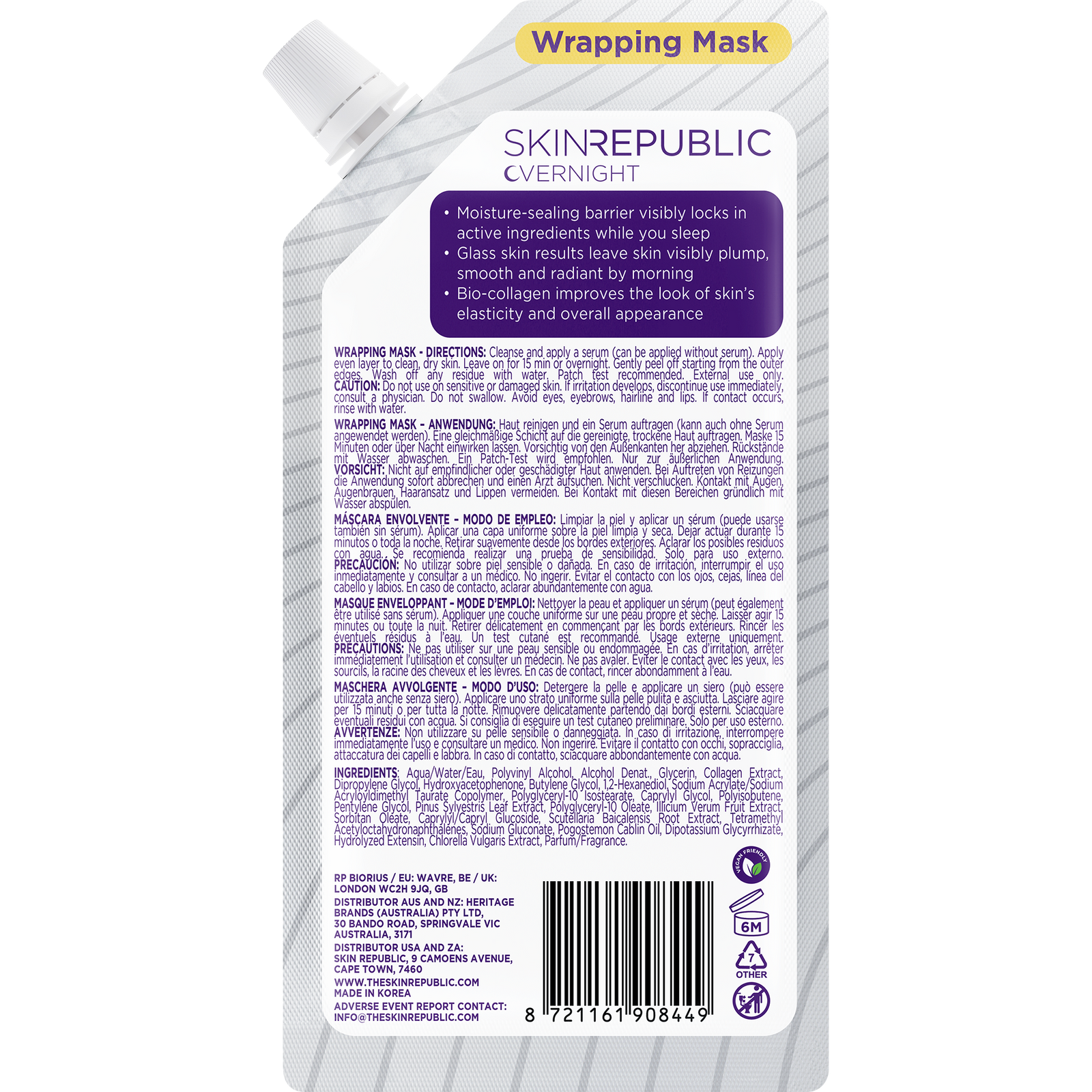 Skin Republic Overnight Bio-Collagen Wrapping Mask pouch, back of pack — benefits, directions and ingredients