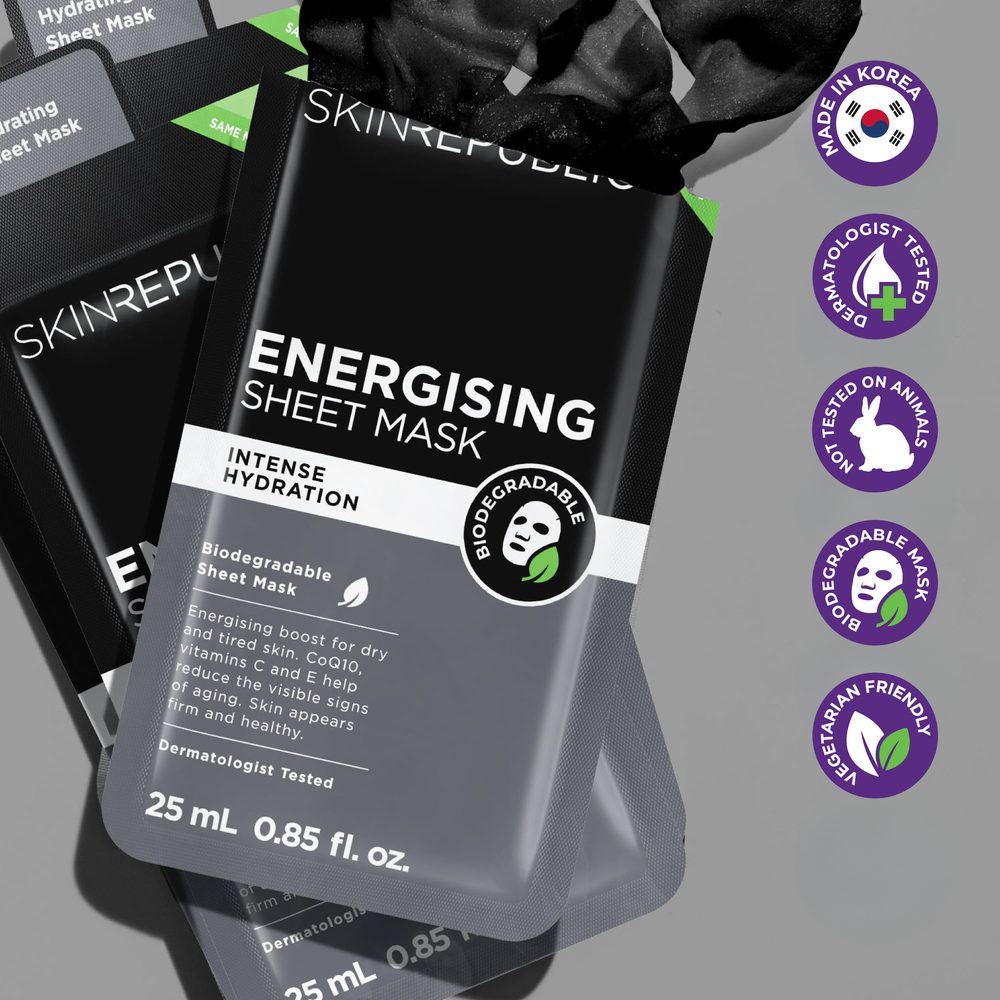 Skin Republic Energising Sheet Mask for men, 25ml — intense hydration, black sheet mask, made in Korea, dermatologist tested