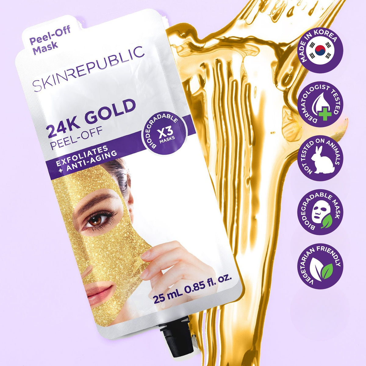 Skin Republic 24K Gold Peel-Off Face Mask, 25ml, 3 applications — exfoliates and anti-aging, with gold peel-off texture swirl, made in Korea, dermatologist tested