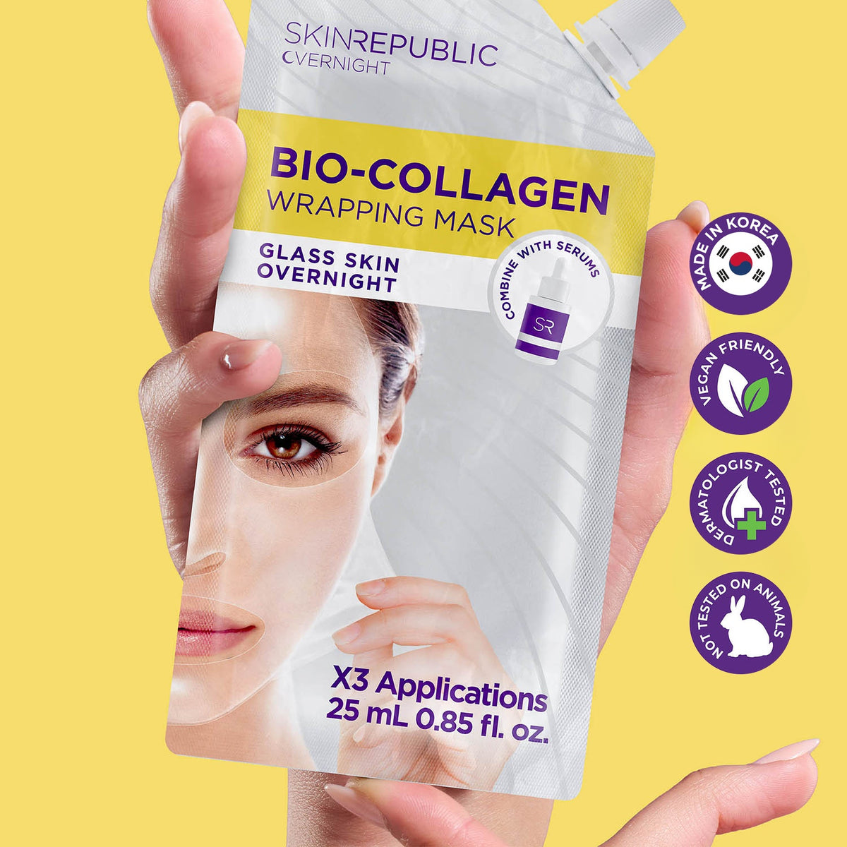 Hand holding Skin Republic Overnight Bio-Collagen Wrapping Mask pouch, 25ml, 3 applications — glass skin overnight