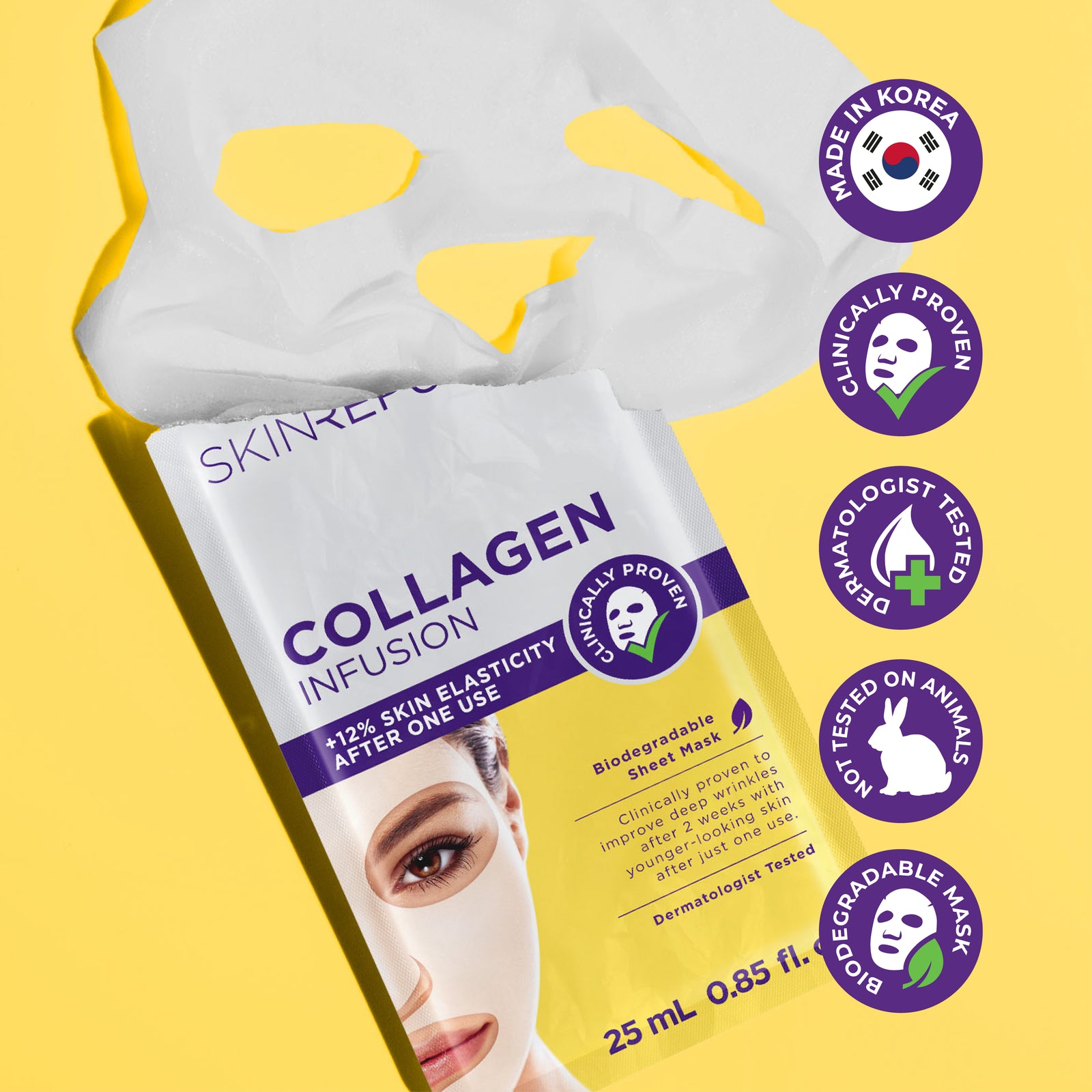 Skin Republic Collagen Infusion Face Mask Sheet with unfolded mask — +12% skin elasticity after one use, made in Korea, dermatologist tested