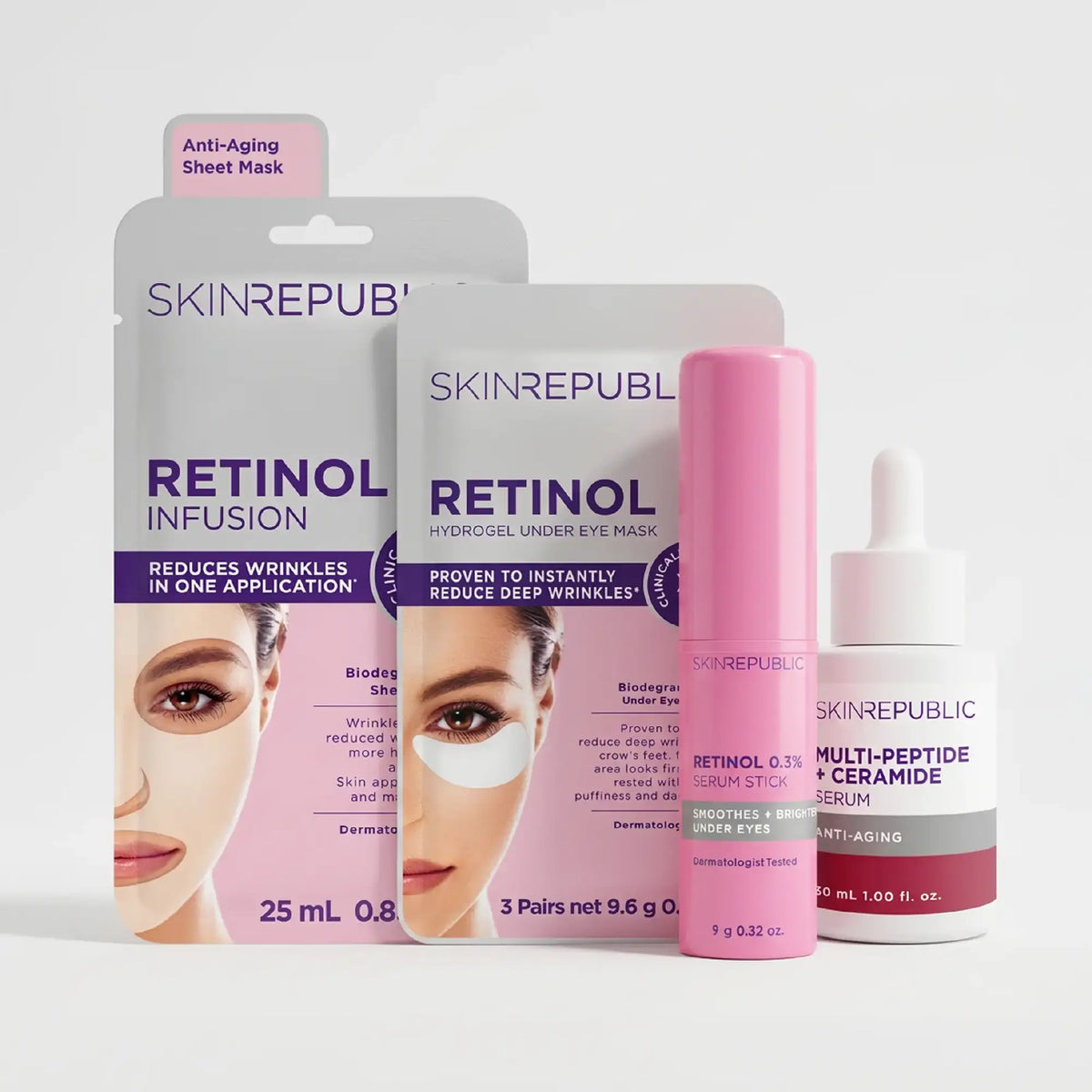 Skin Republic Overnight Retinol Kit with Retinol Infusion Face Mask Sheet, Retinol Hydrogel Under Eye Mask, Retinol 0.3% Serum Stick and Multi-Peptide + Ceramide Serum