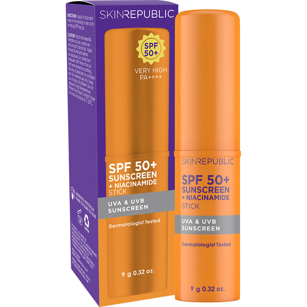 Skin Republic SPF 50+ Sunscreen + Niacinamide 5% Stick — SPF 50+ sunscreen stick with niacinamide for on-the-go sun protection