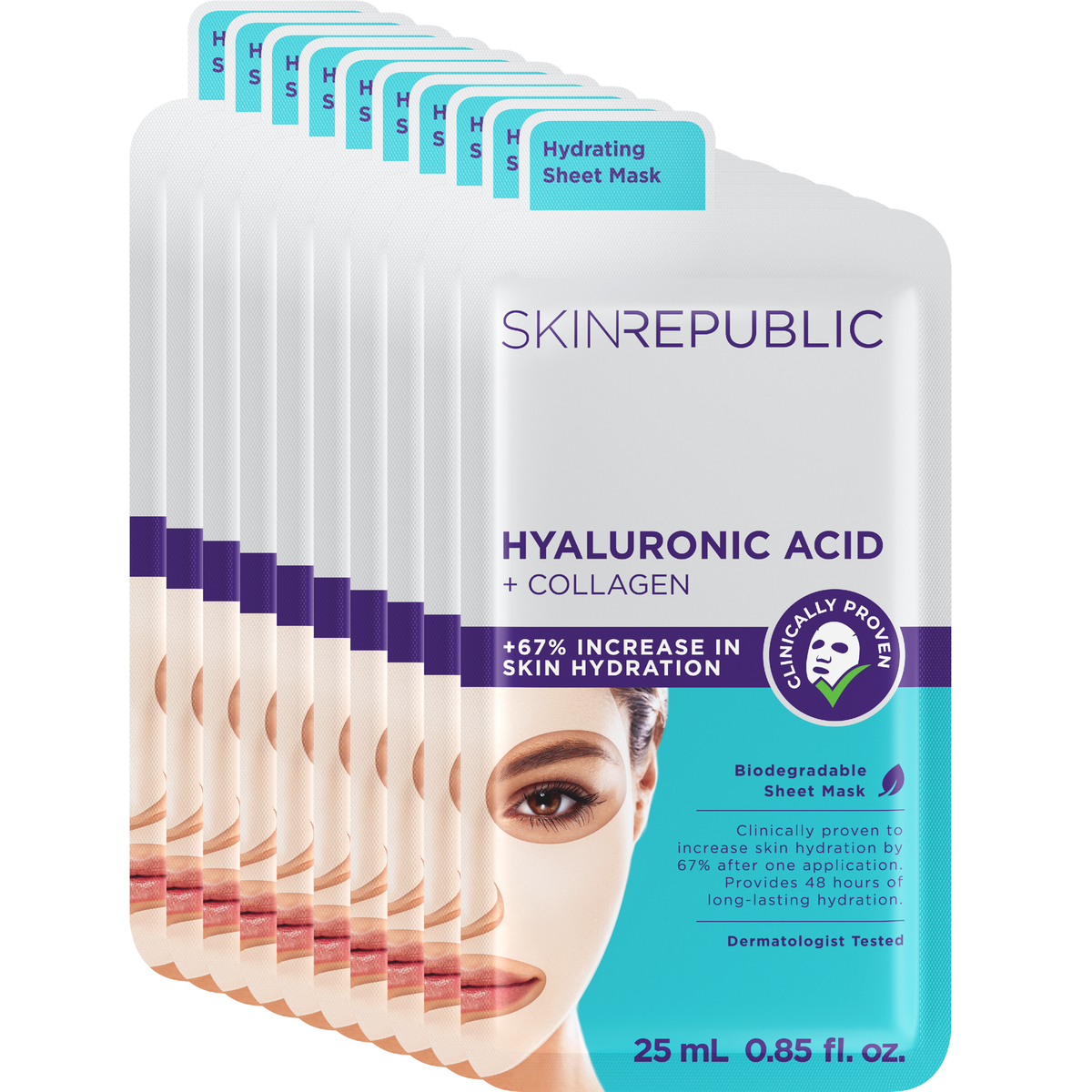 Pack of 10 Hyaluronic Acid + Collagen Face Mask Sheet