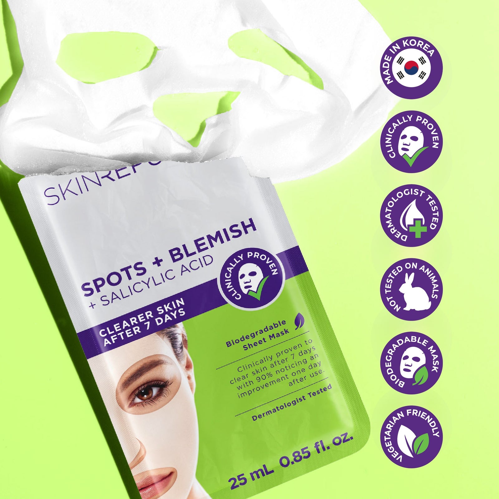 Skin Republic Spots + Blemish + Salicylic Acid Face Mask Sheet with unfolded mask — clearer skin after 7 days, made in Korea, dermatologist tested