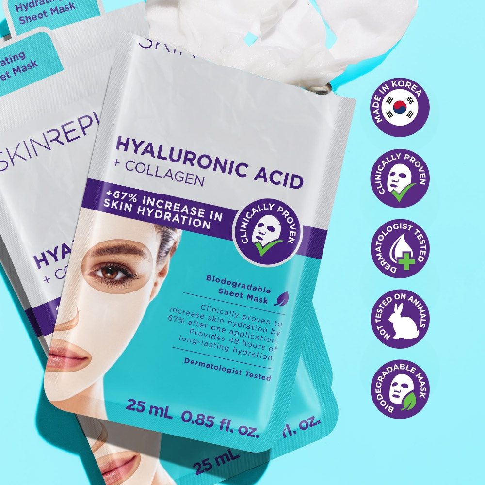 Skin Republic Hyaluronic Acid + Collagen Face Mask Sheets with unfolded mask — +67% increase in skin hydration, made in Korea, dermatologist tested